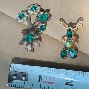 Vintage Estate Green Rhinestone Flower and Insect Brooches